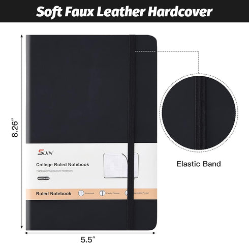 SUIN Hardcover Journal Notebooks, A5 Lined Journals for Writing, 200 Pages, Classic Ruled Notebooks (Black - 6 Pack)