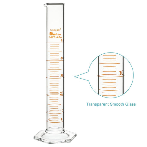stonylab Graduated Cylinder, 2-Pack B Grade Borosilicate Glass with Stable Hexagonal Base, 50 ml