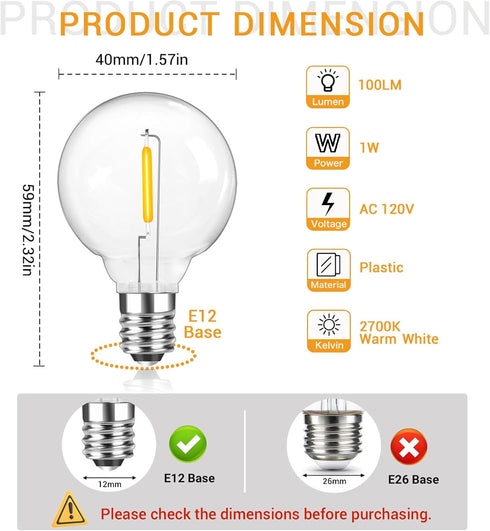 Blakapoo G40 Bulbs, 1W E12 Bulbs 1.57 inch, 25 Pack LED Replacement Light Screw Base Shatterproof Clear Small Globe
