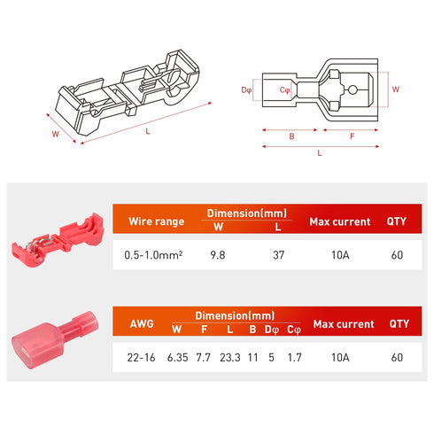 Nilight 120PCS/60 Pairs Quick Splice Disconnect Wire Terminals T-Tap Spade Wire Connectors, Red 22-16 AWG