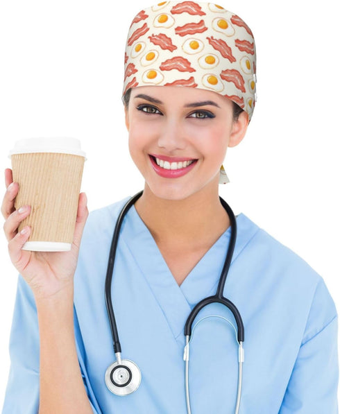 Nurse Scrub Cap Men Women with Buttons - Cartoon Bacon Egg Print Soft Comfy Surgical Cap, Adjustable Tie Back Scrub