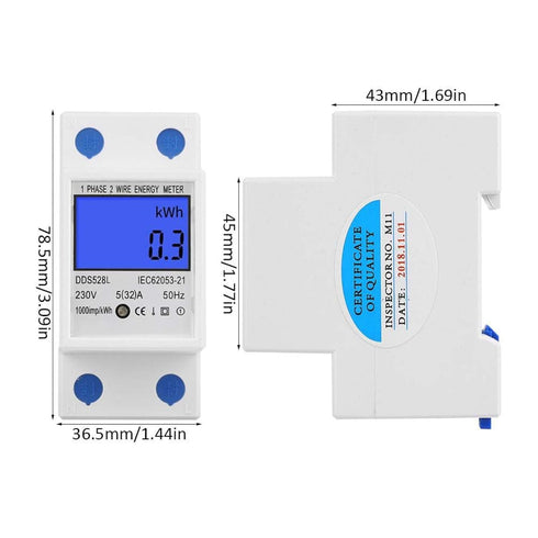 Electric Energy Meter, 5-32A 110-230V AC Multi Function Watt Hour Meter with LCD Display, DIN Rail Mount