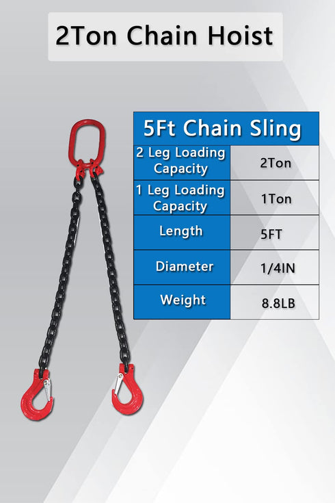 Chain Sling 2/5 Inch X 5 Ft, 4410lb Double Leg with Sling Hooks, Grade 80 Alloy Steel Engine Chain Hoist Lifts