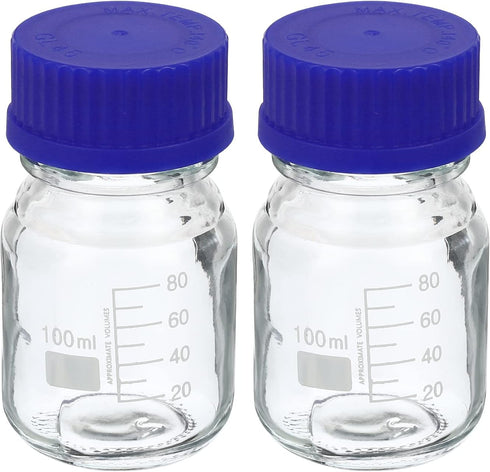 PATIKIL 2 Pcs 100mL Round Graduated Glass Reagent Media Bottle with Blue Screw Cap for Lab, Clear