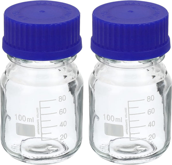 PATIKIL 2 Pcs 100mL Round Graduated Glass Reagent Media Bottle with Blue Screw Cap for Lab, Clear