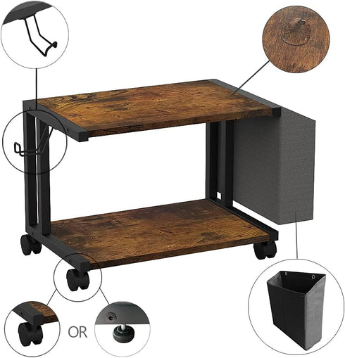 VEDECASA 2 Tier Rustic Brown Wooden Under Desk Printer Stand with Storage Bag, Mobile Printer Shelf Cart with Caster