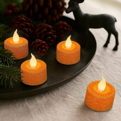 Pack 12, 1.5(W) 1.65(H), FURORA LIGHTING Orange Glitter LED Tealight Candles of Flameless Flickering Tealight Candles