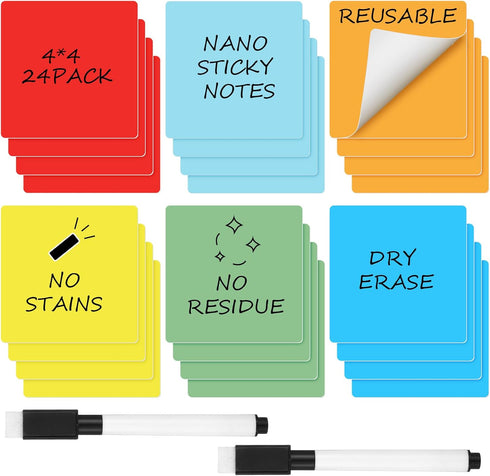 Crtiin 24 Pack Dry Erase Sticky Notes, Colorful 3 x 3 Inch, Reusable Whiteboard Stickers with 2 Markers