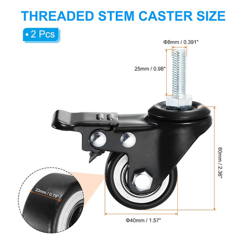 1.5 Inch 2 Pack 360 M8 25mm PATIKIL Stem Casters, PU Threaded Stem Caster Wheel with Brake Degree Rotation x