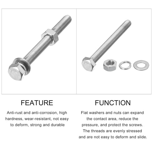 Hex Head Screws Bolts, Nuts, Flat & Lock Washers Kits (M8-1.25x80mm), Stainless Steel Fully Threaded Set