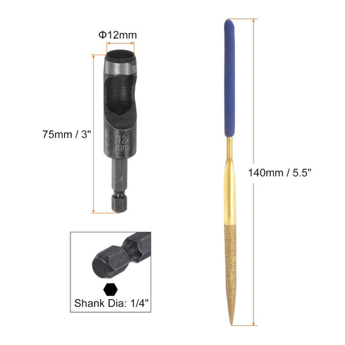 Leather Hole Punch Tool 12mm 45#Steel 1/4 Hex Shank Drill Bits Electric Hollow Punch Set with 5.5" Half-Round File for Leathercraft Belt Fabric PVC Plastic Handbags Watch Band DIY