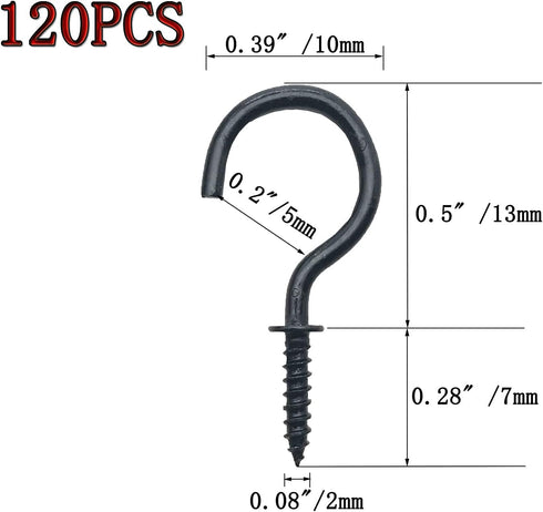 120 Pcs Nickel Plated Metal Cup Hooks, 1/2 Inch Screw-in Hooks, Black Ceiling Hooks for Home Use