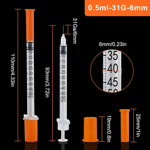 31g 0.5cc 1/4 Inch-6mm Syringes Compatible U-100 Accurate Measuring for Liquid Individually Sealed Packaging (Pack of 100)
