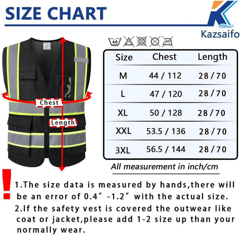 Reflective Safety Vest for Men Women with 5 Pockets and Zipper Front High Visibility Mesh Vest Hi Vis Construction Work Vest,Meets ANSI/ISEA Standards(KZ177-Black-XL)