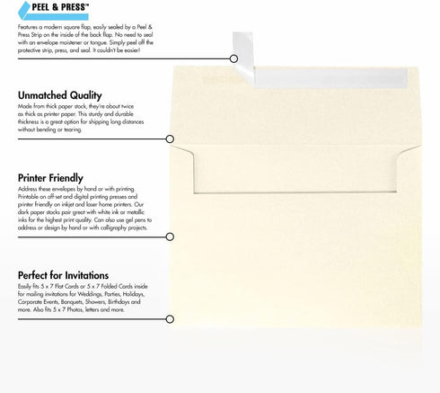 LUXPaper A7 Invitation Envelopes | 5 1/4" x 7 1/4" | 50 Qty | Peel & Press | Champagne Metallic | 80lb. Text