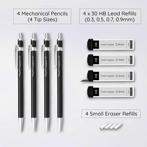 MozArt Mechanical Pencil Set with Case - 4 Sizes: 0.3, 0.5, 0.7 & 0.9mm with 30 HB Lead Refills Each & 4 Eraser Refills -Sketch, Drafting, Art, Drawing Supplies (Black) by MozArt Supplies