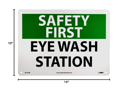 NMC OSHA Sign - "SAFETY FIRST EYE WASH STATION", 14" Width x 10" Height, Rigid Plastic