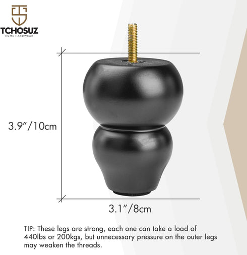TCHOSUZ 4 inch 10cm Pack 4 M8 / Wooden Furniture Legs, of Classic Black Solid Wood Turned DIY Replacement Bun Feet