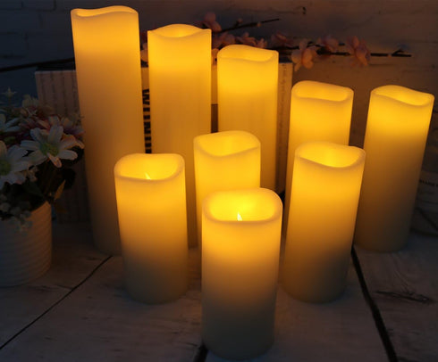 Flameless Candles Battery Operated, 4" to 9" Set of 9 Ivory Real Wax Pillar LED Candles with Remote and 24 Hours Timer