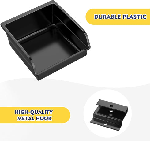6 Pack Slatwall Bins with Hooks, Plastic Organizer Containers for Slat Wall, Garage, Craft Room, Tool Shed