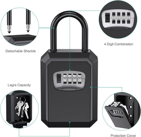 ORIA Upgraded Key Lock Box, 4 Digit Combination Lock Box with Shackle, Wall Mounted Weatherproof Key Safe