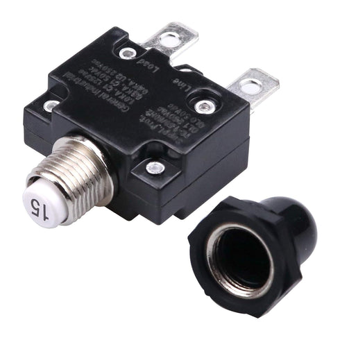 15 Amps Push Button Circuit Breakers, AC 125/250V DC 50V Thermal Overload Protector with Quick Connect Terminals and Waterproof Button Black Cap, Manual Reset Thermal Circuit Breaker 15A(2 Pcs
