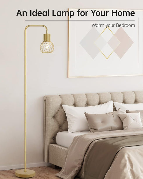 6W Bulb, Brass Gold Standing Floor Lamp for Living Room - Modern Industrial Design with LED Foot Switch, Metal Tall