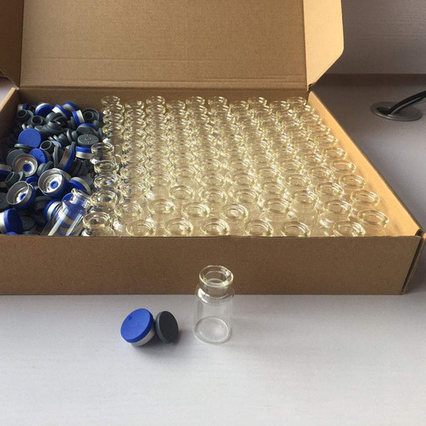 LabZhang 100pcs 10ml Clear Glass Headspace Vials with Plastic-Aluminum Flip Off Caps and Rubber Stoppers