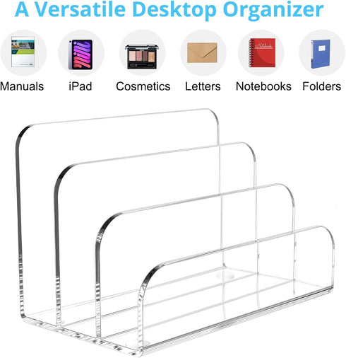 Mail Organizer Countertop, 3 Section Clear Acrylic Small File Holders for Desk, Modern Document Accessories