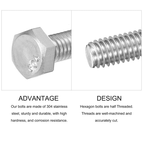 Hex Bolts (7/16-20x1-1/4") 6Pcs, 304 Stainless Steel Fully Threaded Hex Head Screw for Furniture Repair