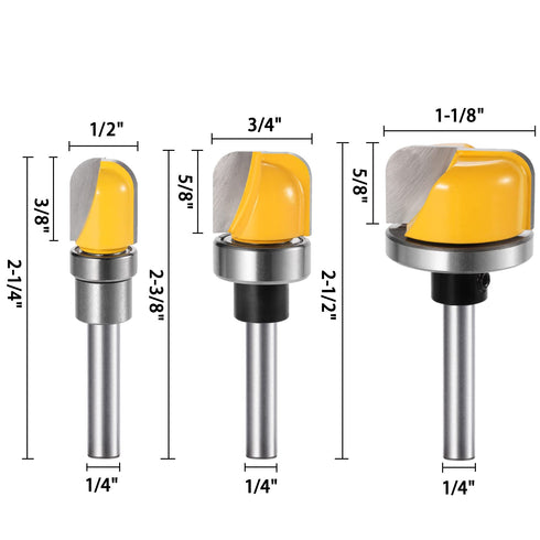 1/4 Inch Shank Bowl and Tray Template Router Bit Set - Carbide Round Nose Groove Router Bit Set, 3Pcs