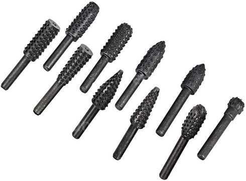 10pc Carbon Steel Rotary Burr Rasp Set, 1/8''(3mm) Shank Wood Carving File Rasp Drill Bits for DIY Woodworking,