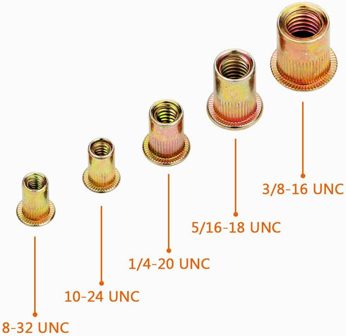 LOKMAN Rivet Nut 100 Pieces 1/4-20UNC Carbon Steel Flat Head Rivnut Threaded Insert Nut, Knurled Body (1/4''-20)
