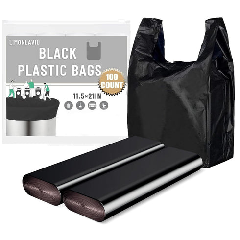 LimonLaviu Black Plastic Grocery Bags, 100 Pack, 11.5'x 6.5" x 21', 22 Pound