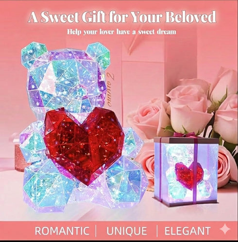 Aladdinas LED Valentines Romantic Gift Teddy Bear Night Light, Holographic Iridescent Design, Nursery Decor Display Box