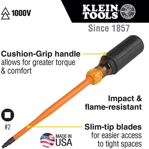 Klein Tools 6944INS Insulated Screwdriver, 1000V Slim Profile Tip #2 Square, 4-Inch Shank, Cushion-Grip Handle