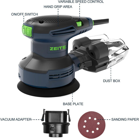 ZEITE 5 Inch Random Orbital Sander, 3.0 Amp Tool for Woodworking, Variable Speed 5000-12000 OPM, 10 Feet Cord, Dust Box