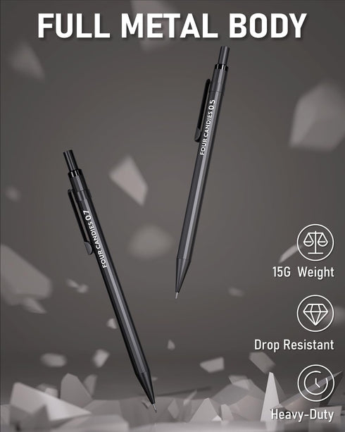 Four Candies Metal Mechanical Pencils, 0.5 & 0.7 mm, 2PCS with Dual Spring, Lead Refills, Erasers for Writing