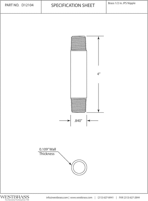 Westbrass D12104-12 ½” x 4" IPS Brass Pipe Nipple, Oil Rubbed Bronze