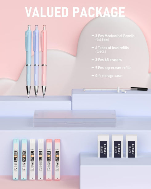 Nicpro 3PCS Pastel Mechanical Pencil Set, 0.5mm with 6 Tubes HB Lead, 3 Erasers, 9 Refills & Case, Aesthetic Supplies