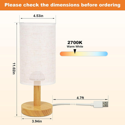 Dimming 2700K 5W 50K Bulb Touch Bedside Table Lamp - Stepless USB Powered, Minimalist Wood Base Linen Shade, Warm Light