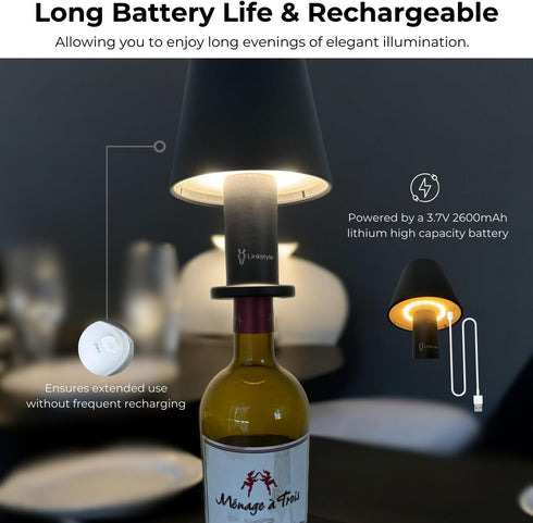 Dimmable VINOWAKE Glovi Premium Wine Bottle Lamp by LINKSTYLE White Lights, Rechargeable & Waterproof, Indoor/Outdoor
