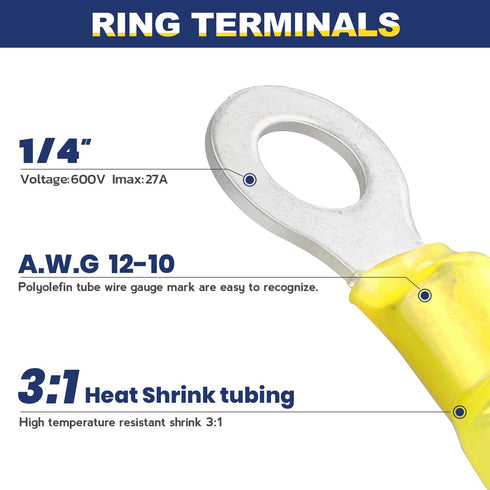 haisstronica 100pcs 1/4" Yellow Marine Grade Heat Shrink Ring Connectors,12-10 Gauge Tinned Red Copper 1mm Ring Terminals Connectors,Brazed-Seam Insulated Electrical Crimp Wire Terminals