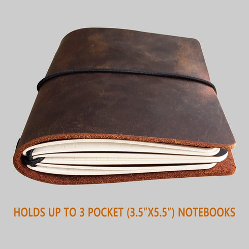 Pocket Travelers Notebook, Refillable Leather Travel Journal, 3.5 x 5.5 Inches, Brown, for Men & Women