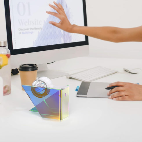 Iridescent Acrylic Tape Dispenser with Sharp Stainless Steel Sawtooth for 1 Inch Roll, Colorful Clear Office Desktop