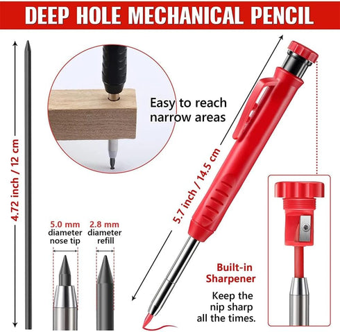 EXcraft Mechanical Carpenter Pencils, 2 Pack, 6 Refills Deep Hole with Built-in Sharpener For Architect Construction Carpentry Making Scribe Tools