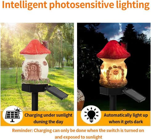 YZYOE Solar Powered Red Mushroom House Lamp, Garden Decoration Resin Cute Mushroom House Floor Lamp Wireless Dusk