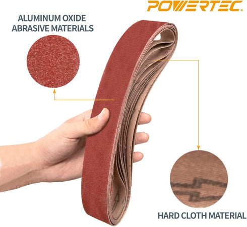 POWERTEC 424215A 2 x 42 Inch Sanding Belts - 150 Grit Aluminum Oxide for Woodworking, 10PK