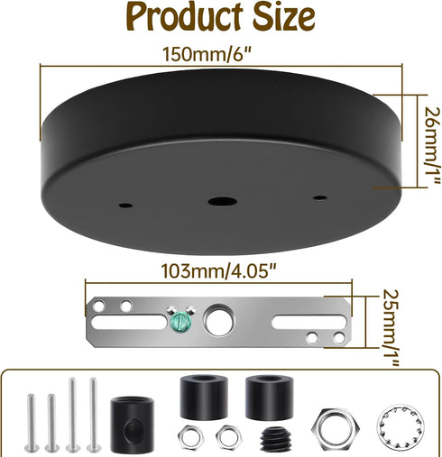 Biaungdo 6 Inch Ceiling Lighting Canopy Kit, Black Pendant Light Canopy Kit Metal Chandelier Ceiling Light Plate Cover
