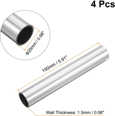 uxcell 4Pcs 304 Stainless Steel Tube, OD 25mm x 1.5mm Wall Thick 150mm Length Capillary Metal Tubing for Industry Machinery